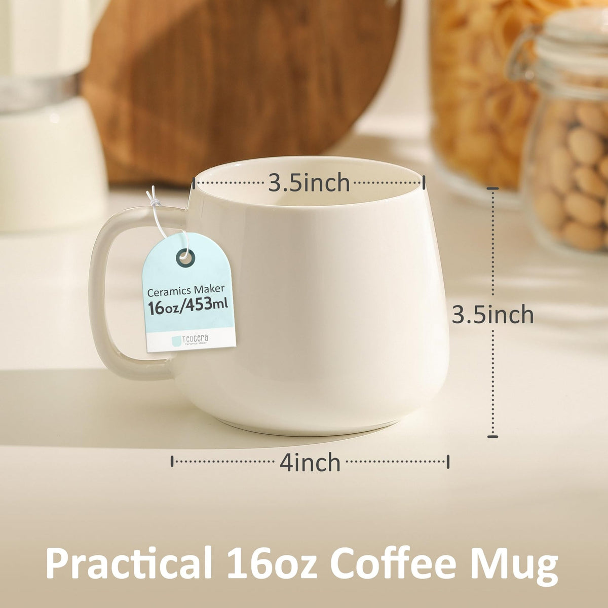 GUERAN 16oz Stackable Ceramic Coffee Mugs – Set of 4, White