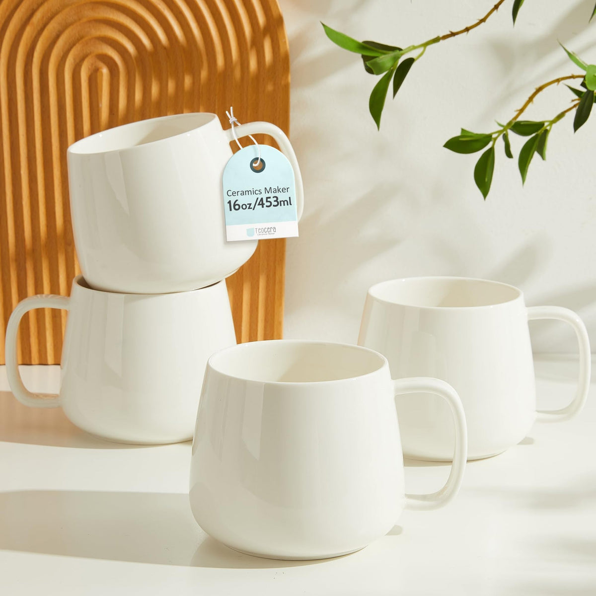 GUERAN 16oz Stackable Ceramic Coffee Mugs – Set of 4, White