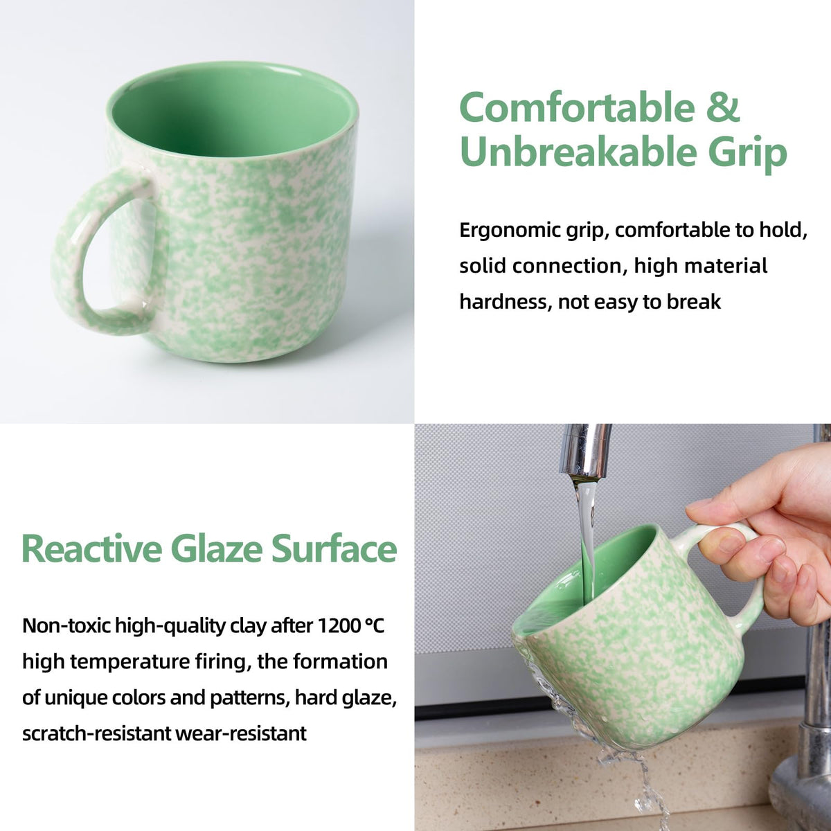 GUERAN 12oz Ceramic Coffee Mugs – Set of 4, Green