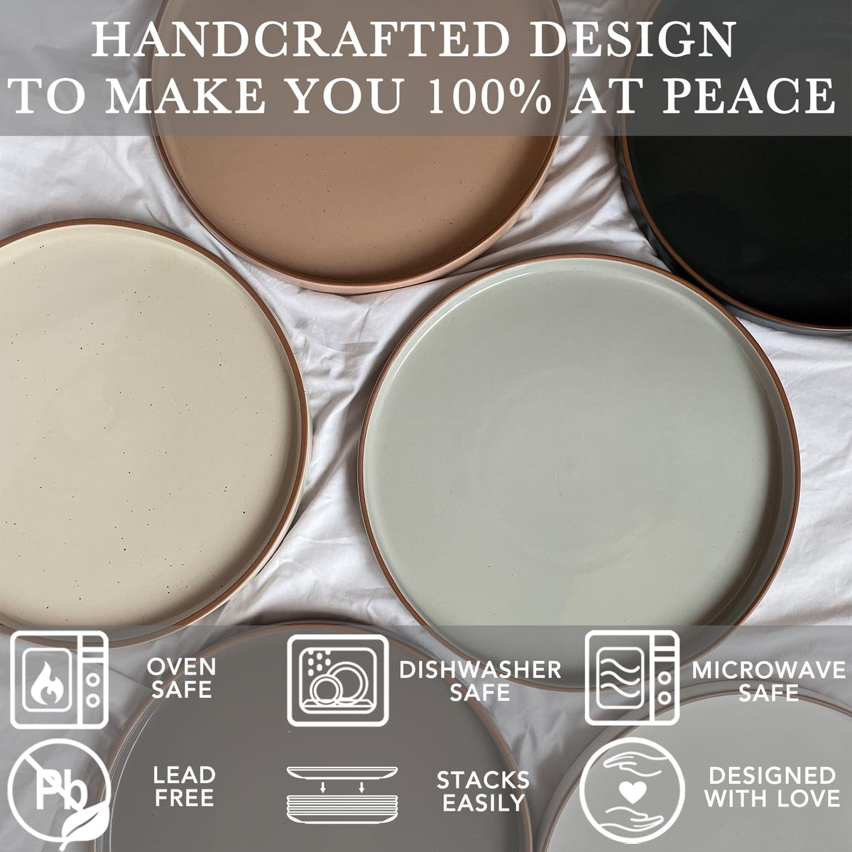 GUERAN Ceramic Flat Plates – Set of 6, 8 Inch, Neutral Colors
