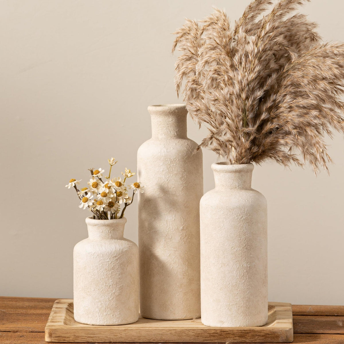 GUERAN Ceramic Vases Set of 3 – Whitewashed Neutral, Farmhouse Decor