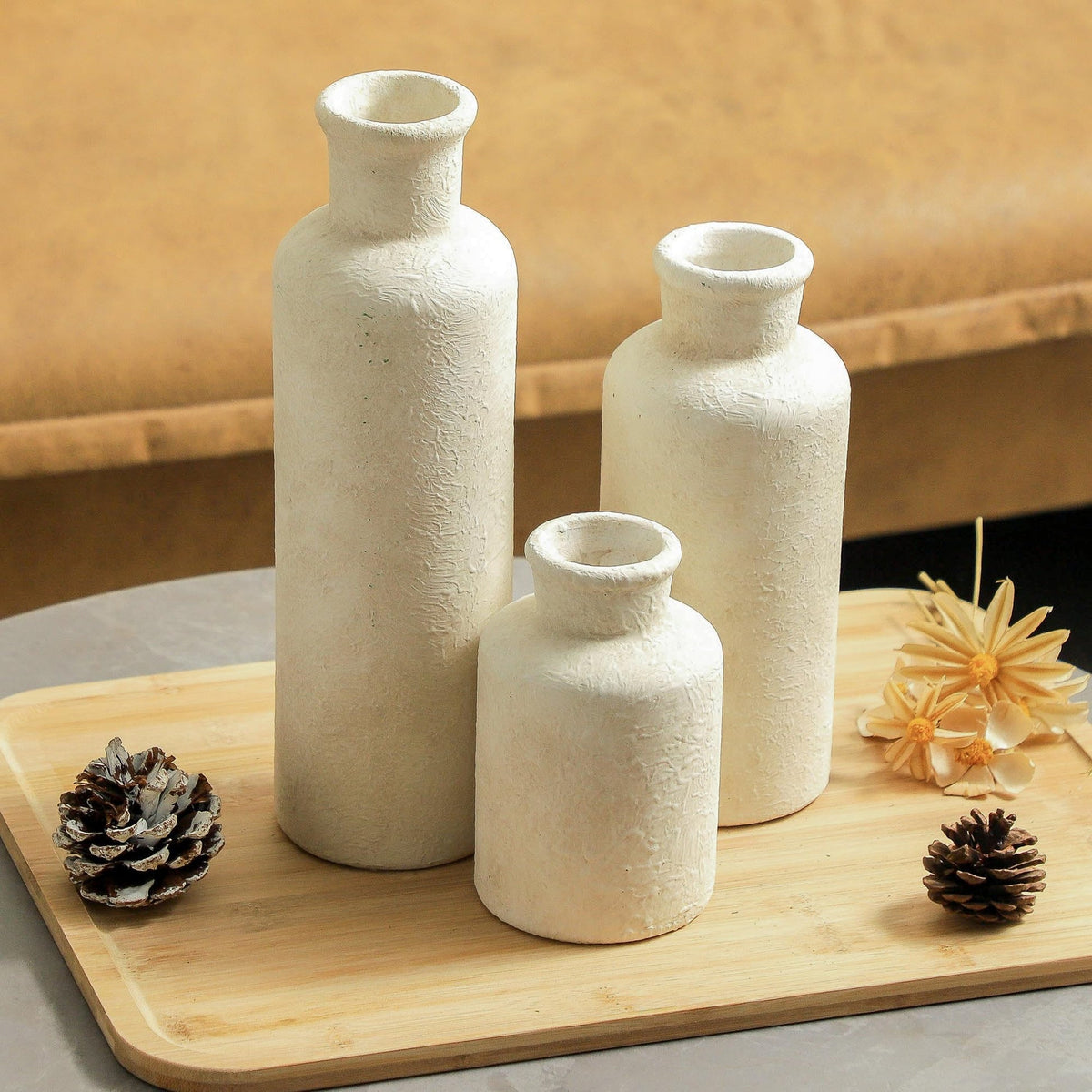 GUERAN Ceramic Vases Set of 3 – Whitewashed Neutral, Farmhouse Decor
