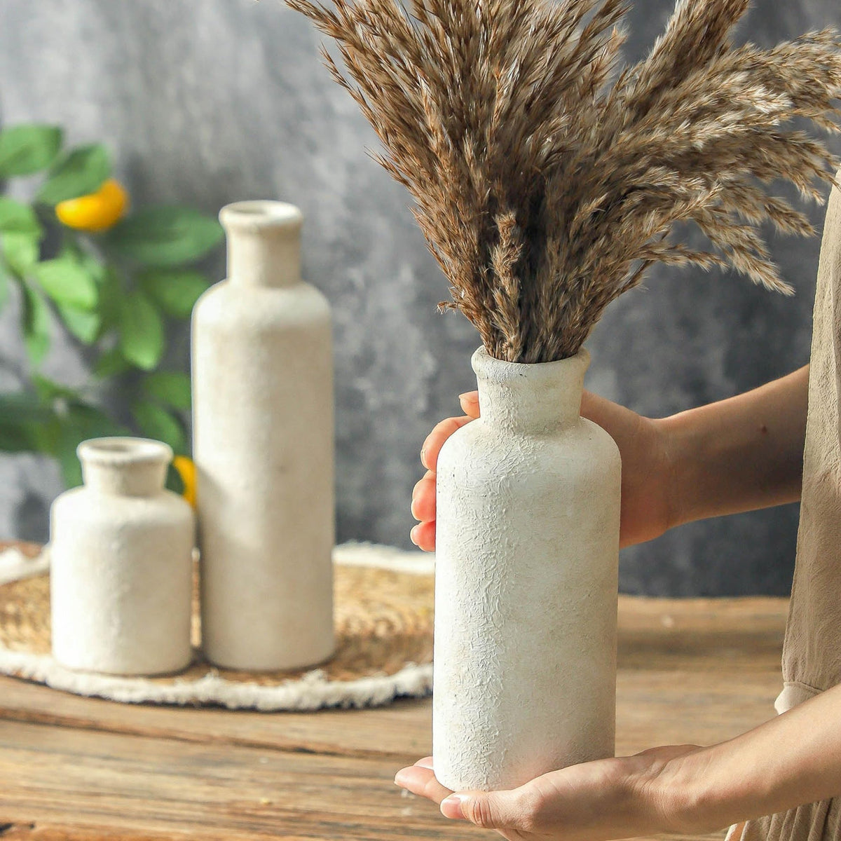 GUERAN Ceramic Vases Set of 3 – Whitewashed Neutral, Farmhouse Decor
