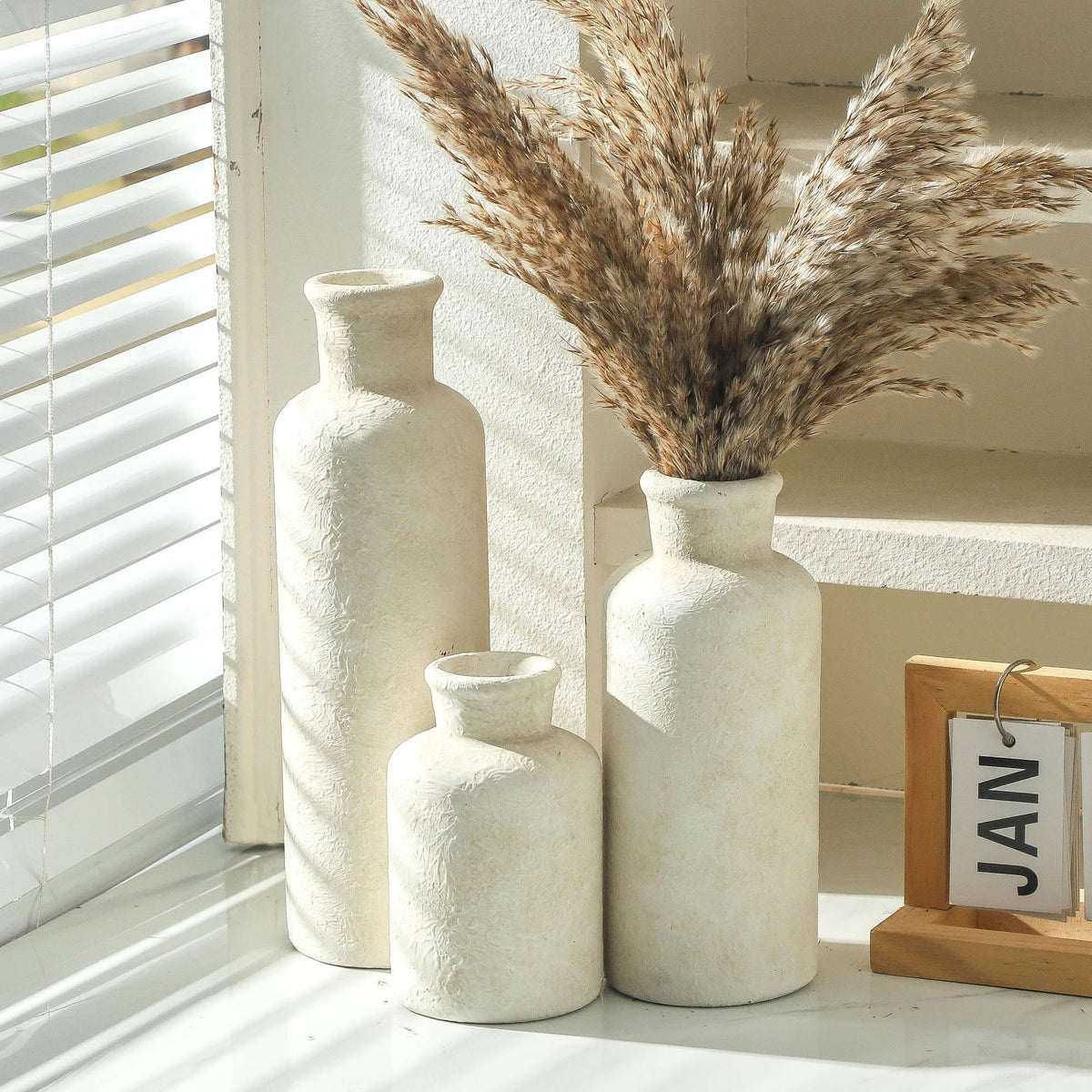 GUERAN Ceramic Vases Set of 3 – Whitewashed Neutral, Farmhouse Decor
