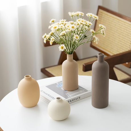 GUERAN Modern Ceramic Vase Set of 4 – Neutral Colors, Coffee Mix