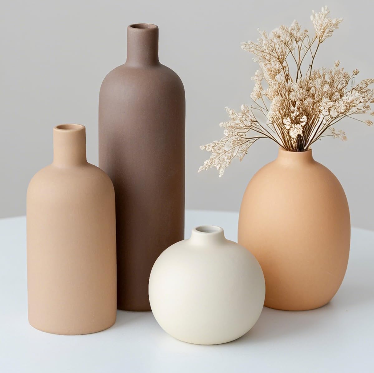 GUERAN Modern Ceramic Vase Set of 4 – Neutral Colors, Coffee Mix