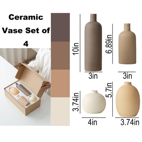 GUERAN Modern Ceramic Vase Set of 4 – Neutral Colors, Coffee Mix
