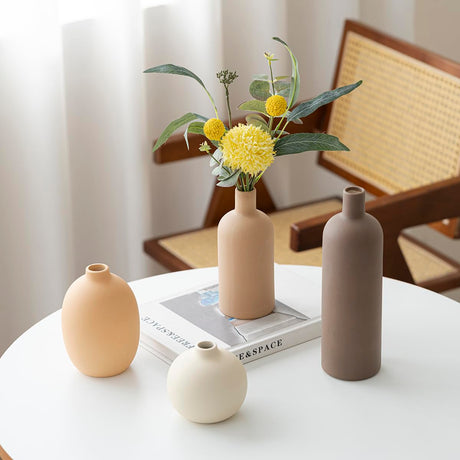 GUERAN Modern Ceramic Vase Set of 4 – Neutral Colors, Coffee Mix