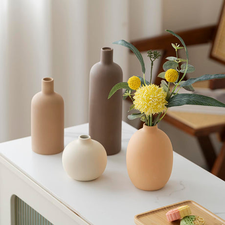 GUERAN Modern Ceramic Vase Set of 4 – Neutral Colors, Coffee Mix