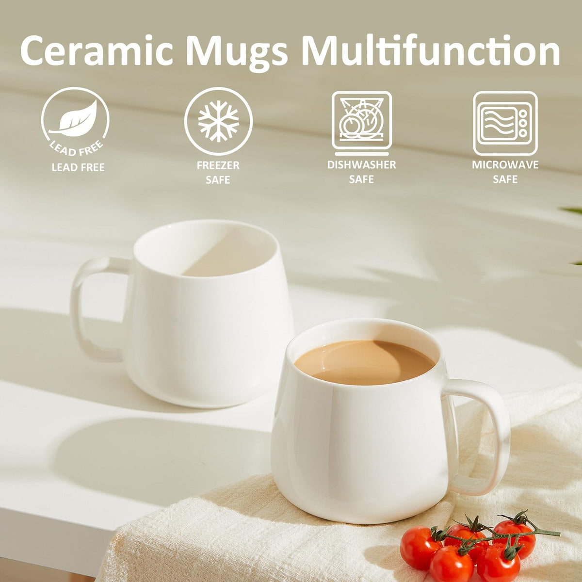 GUERAN 16oz Stackable Ceramic Coffee Mugs – Set of 4, White