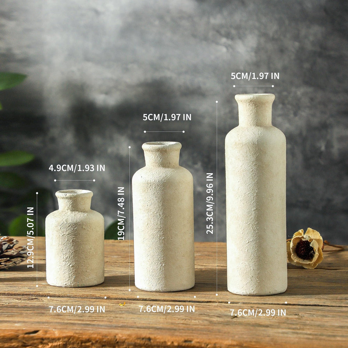 GUERAN Ceramic Vases Set of 3 – Whitewashed Neutral, Farmhouse Decor