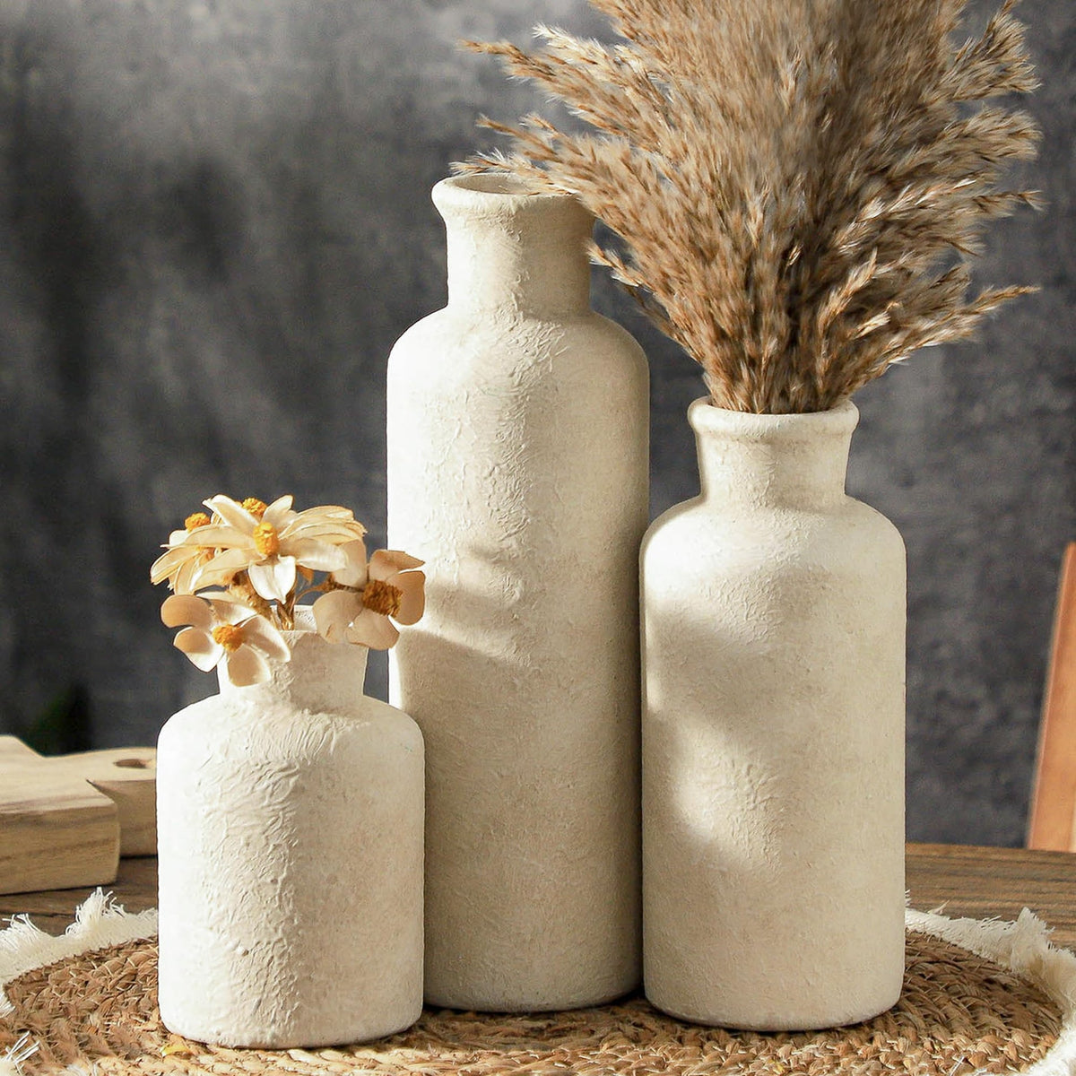 GUERAN Ceramic Vases Set of 3 – Whitewashed Neutral, Farmhouse Decor
